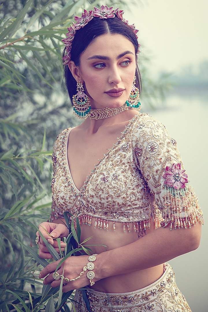 Ivory Dupion Silk Zardosi Embellished Bridal Lehenga Set by Rachit Khanna at Pernia's Pop Up Shop
