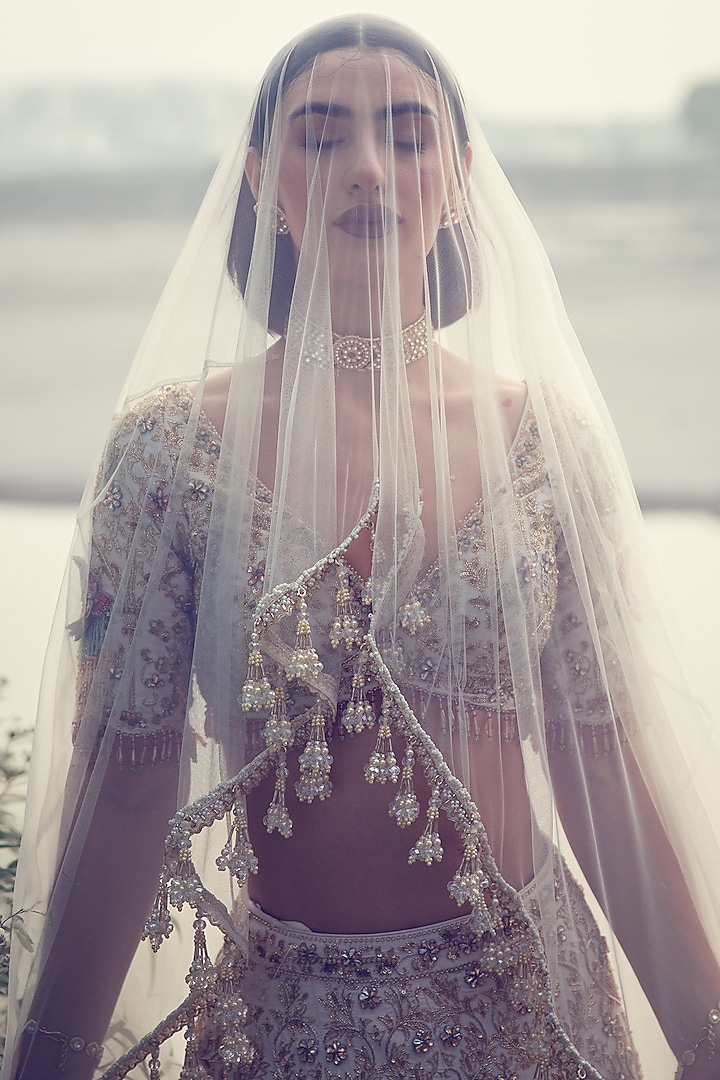 Ivory Dupion Silk Zardosi Embellished Bridal Lehenga Set by Rachit Khanna at Pernia's Pop Up Shop