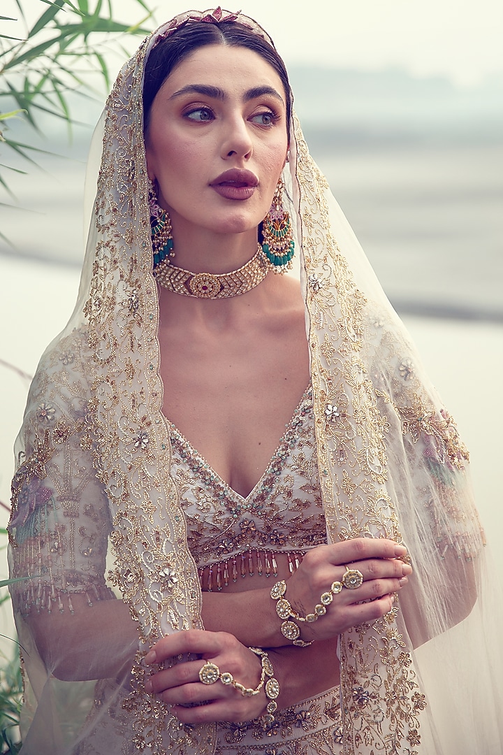 Ivory Dupion Silk Zardosi Embellished Bridal Lehenga Set by Rachit Khanna at Pernia's Pop Up Shop