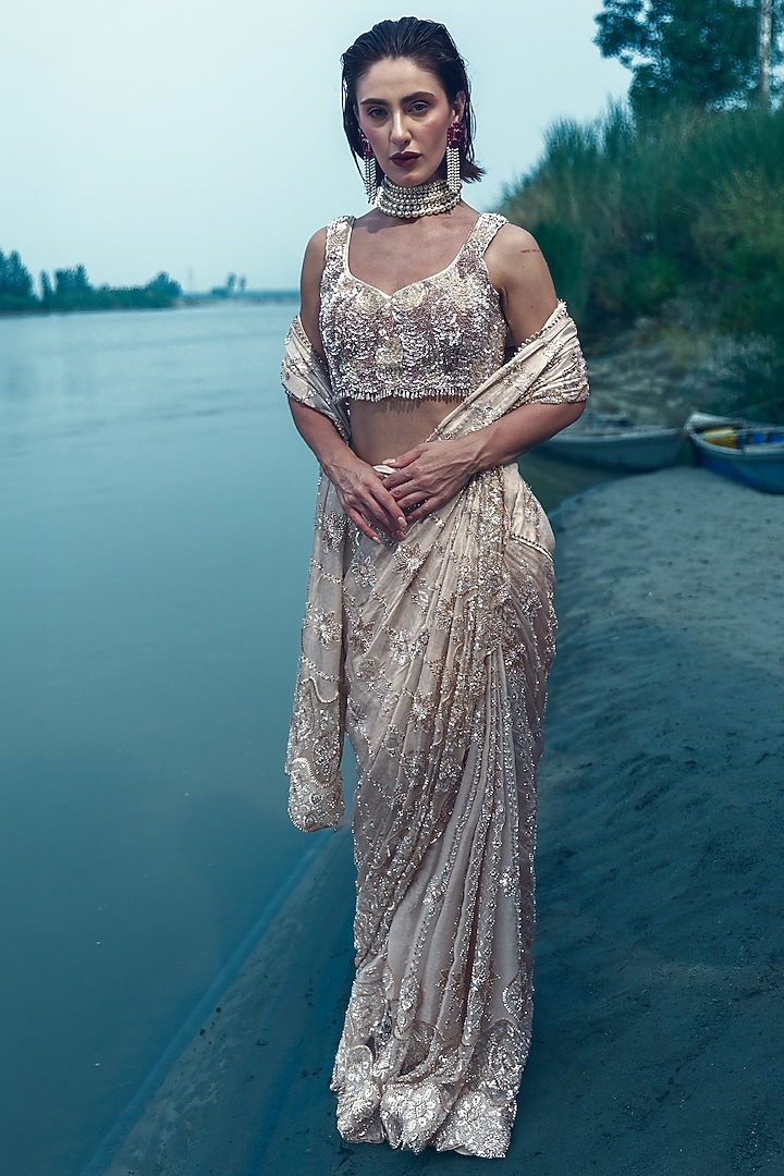 Ivory Glass Tissue Sequin Embellished Draped Reception Saree Set by Rachit Khanna at Pernia's Pop Up Shop