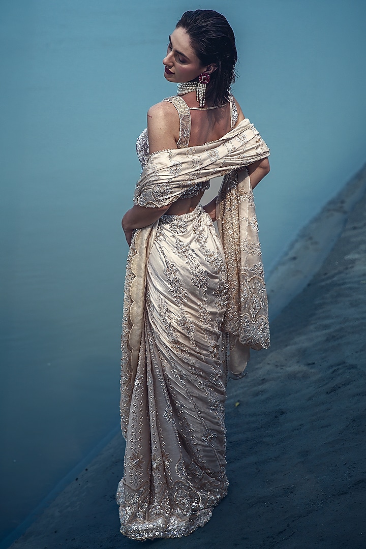 Ivory Glass Tissue Sequin Embellished Draped Reception Saree Set by Rachit Khanna at Pernia's Pop Up Shop