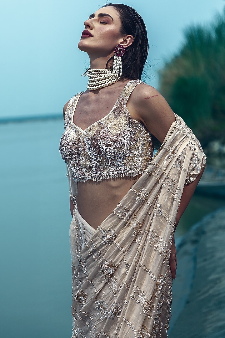 Ivory Glass Tissue Sequin Embellished Draped Reception Saree Set by Rachit Khanna at Pernia's Pop Up Shop