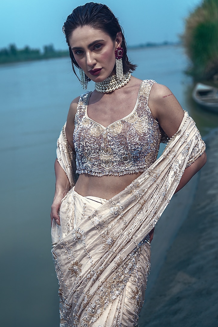 Ivory Glass Tissue Sequin Embellished Draped Reception Saree Set by Rachit Khanna at Pernia's Pop Up Shop