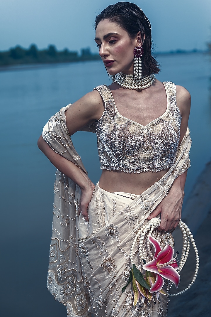 Ivory Glass Tissue Sequin Embellished Draped Reception Saree Set by Rachit Khanna at Pernia's Pop Up Shop