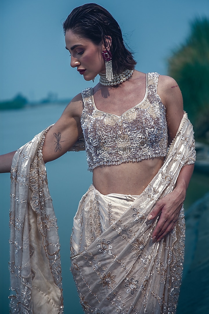 Ivory Glass Tissue Sequin Embellished Draped Reception Saree Set by Rachit Khanna at Pernia's Pop Up Shop