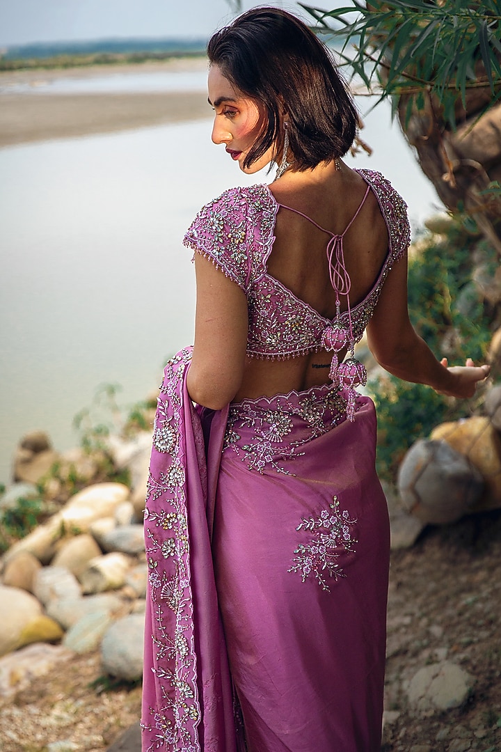 Pink Crepe Tissue Sequin Embellished Reception Saree Set by Rachit Khanna at Pernia's Pop Up Shop