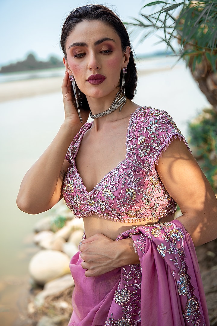 Pink Crepe Tissue Sequin Embellished Reception Saree Set by Rachit Khanna at Pernia's Pop Up Shop