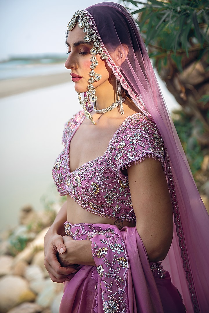 Pink Crepe Tissue Sequin Embellished Reception Saree Set by Rachit Khanna at Pernia's Pop Up Shop
