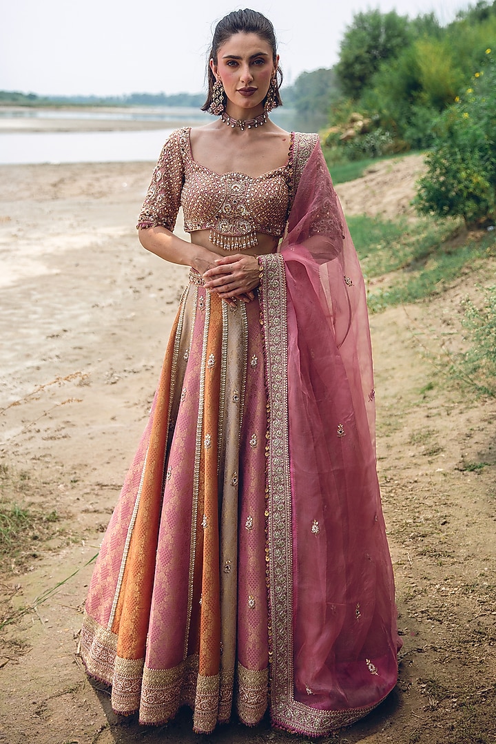 Multi-Colored Pure Brocade Sequin Embellished Bridal Lehenga Set by Rachit Khanna at Pernia's Pop Up Shop