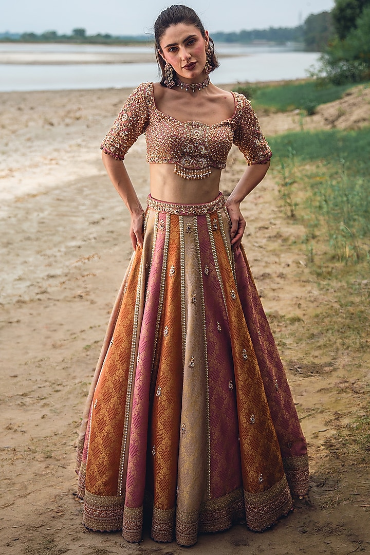 Multi-Colored Pure Brocade Sequin Embellished Bridal Lehenga Set by Rachit Khanna at Pernia's Pop Up Shop