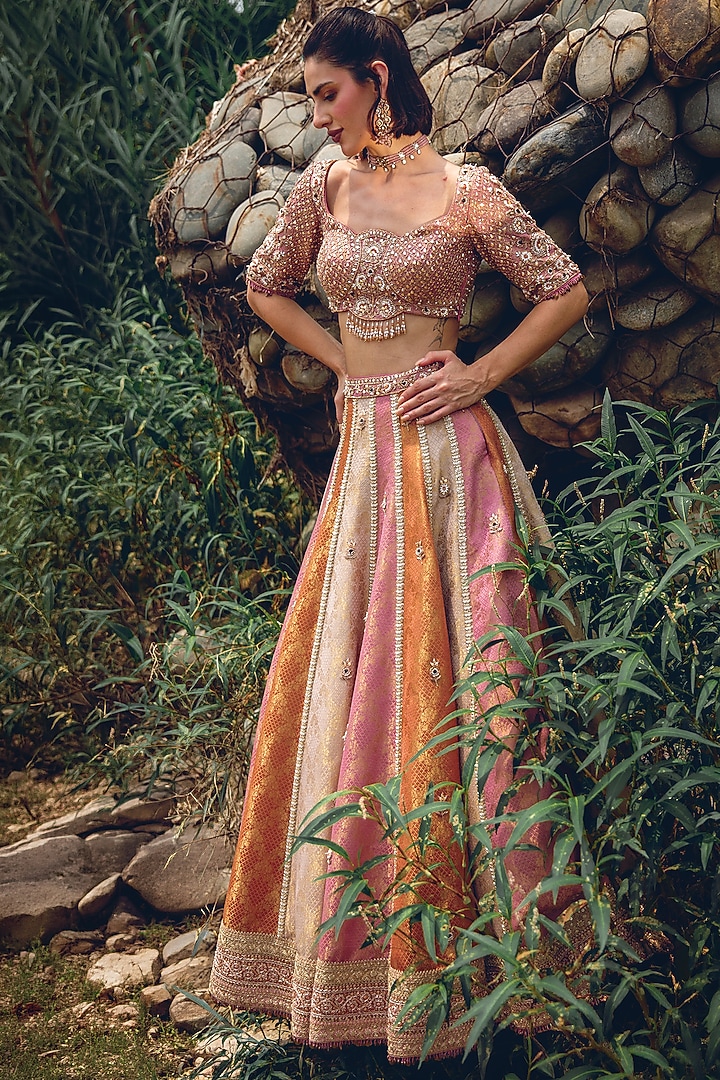 Multi-Colored Pure Brocade Sequin Embellished Bridal Lehenga Set by Rachit Khanna at Pernia's Pop Up Shop