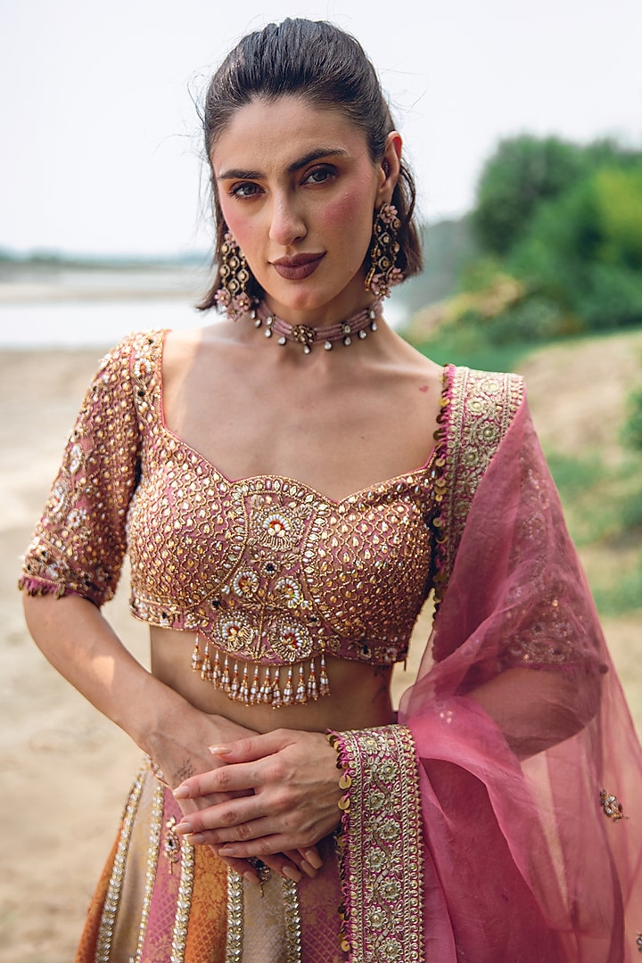 Multi-Colored Pure Brocade Sequin Embellished Bridal Lehenga Set by Rachit Khanna at Pernia's Pop Up Shop