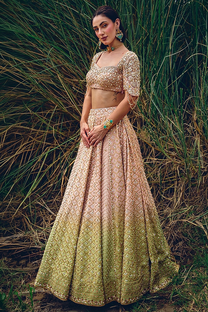 Pink & Green Ombre Crepe Tissue Embellished Bridal Lehenga Set by Rachit Khanna at Pernia's Pop Up Shop