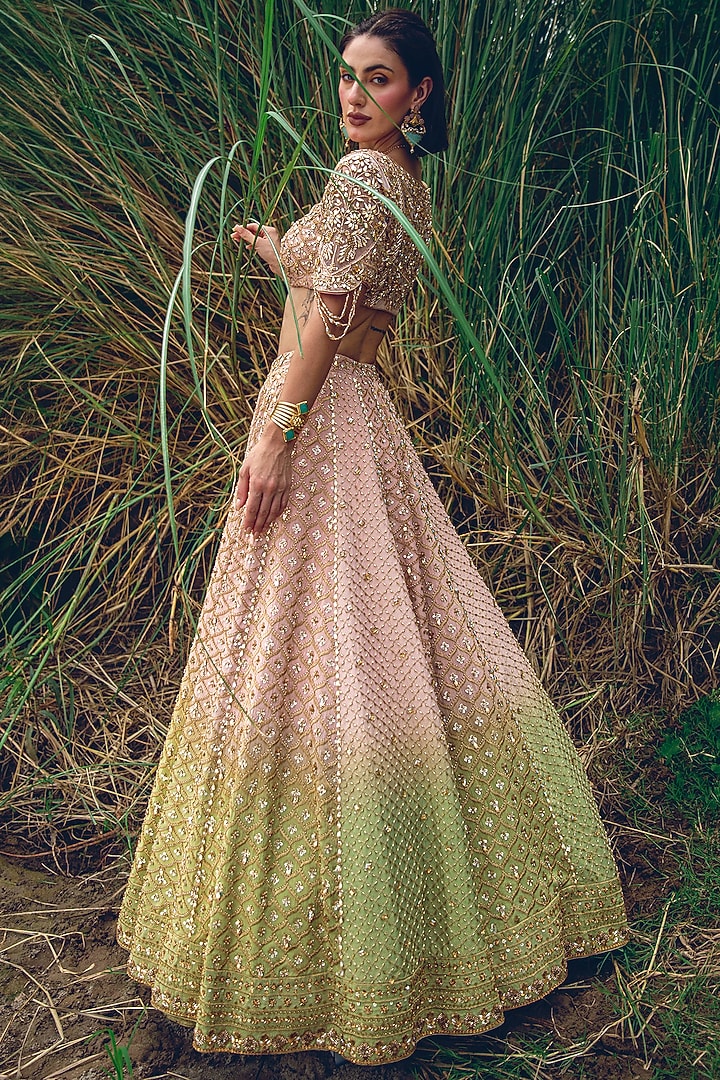 Pink & Green Ombre Crepe Tissue Embellished Bridal Lehenga Set by Rachit Khanna at Pernia's Pop Up Shop
