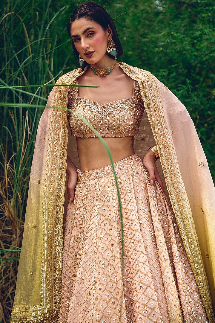 Pink & Green Ombre Crepe Tissue Embellished Bridal Lehenga Set by Rachit Khanna at Pernia's Pop Up Shop