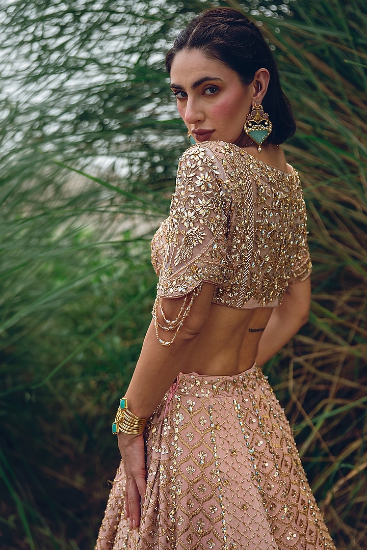 Pink & Green Ombre Crepe Tissue Embellished Bridal Lehenga Set by Rachit Khanna at Pernia's Pop Up Shop