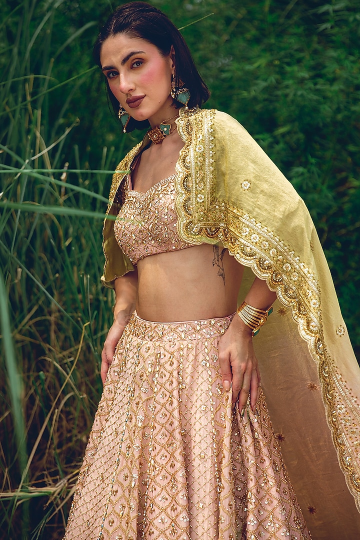Pink & Green Ombre Crepe Tissue Embellished Bridal Lehenga Set by Rachit Khanna at Pernia's Pop Up Shop