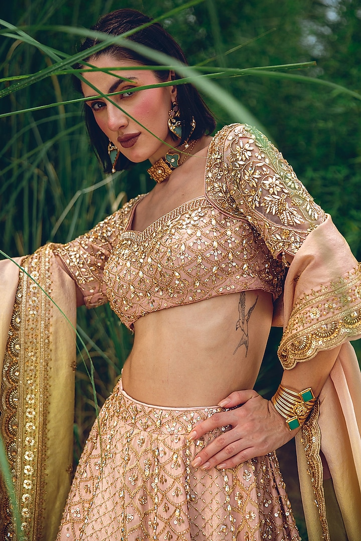 Pink & Green Ombre Crepe Tissue Embellished Bridal Lehenga Set by Rachit Khanna at Pernia's Pop Up Shop