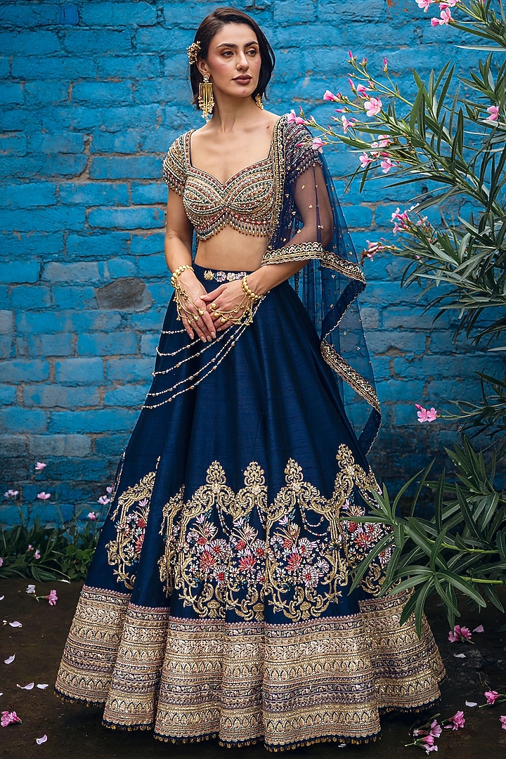 Navy Blue Pure Raw Silk Cutdana Embellished Bridal Lehenga Set by Rachit Khanna at Pernia's Pop Up Shop