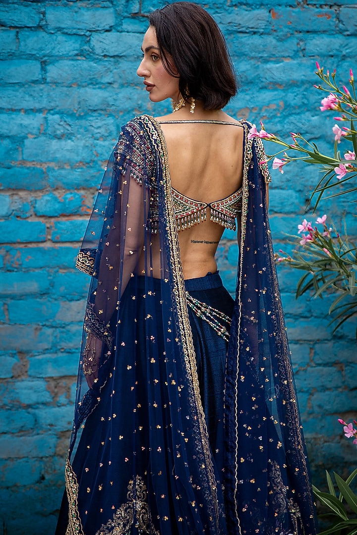 Navy Blue Pure Raw Silk Cutdana Embellished Bridal Lehenga Set by Rachit Khanna at Pernia's Pop Up Shop