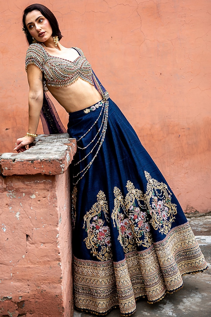 Navy Blue Pure Raw Silk Cutdana Embellished Bridal Lehenga Set by Rachit Khanna at Pernia's Pop Up Shop