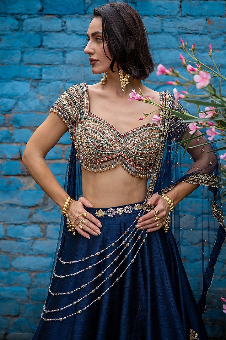 Navy Blue Pure Raw Silk Cutdana Embellished Bridal Lehenga Set by Rachit Khanna at Pernia's Pop Up Shop