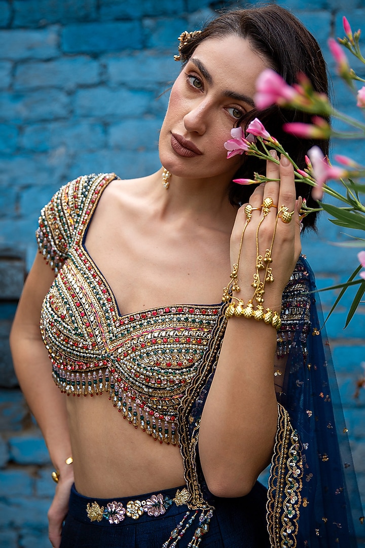Navy Blue Pure Raw Silk Cutdana Embellished Bridal Lehenga Set by Rachit Khanna at Pernia's Pop Up Shop
