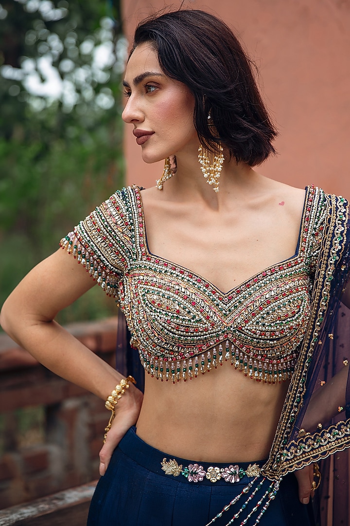 Navy Blue Pure Raw Silk Cutdana Embellished Bridal Lehenga Set by Rachit Khanna at Pernia's Pop Up Shop