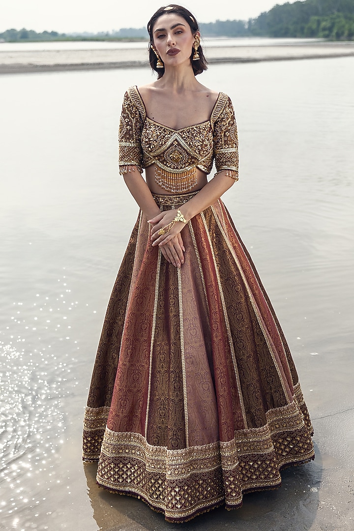 Brown & Dusty Pink Pure Brocade Sequin Embellished Bridal Lehenga Set by Rachit Khanna at Pernia's Pop Up Shop