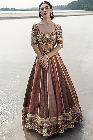 Brown & Dusty Pink Pure Brocade Sequin Embellished Lehenga Set by Rachit Khanna