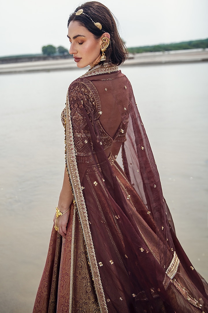 Brown & Dusty Pink Pure Brocade Sequin Embellished Bridal Lehenga Set by Rachit Khanna at Pernia's Pop Up Shop