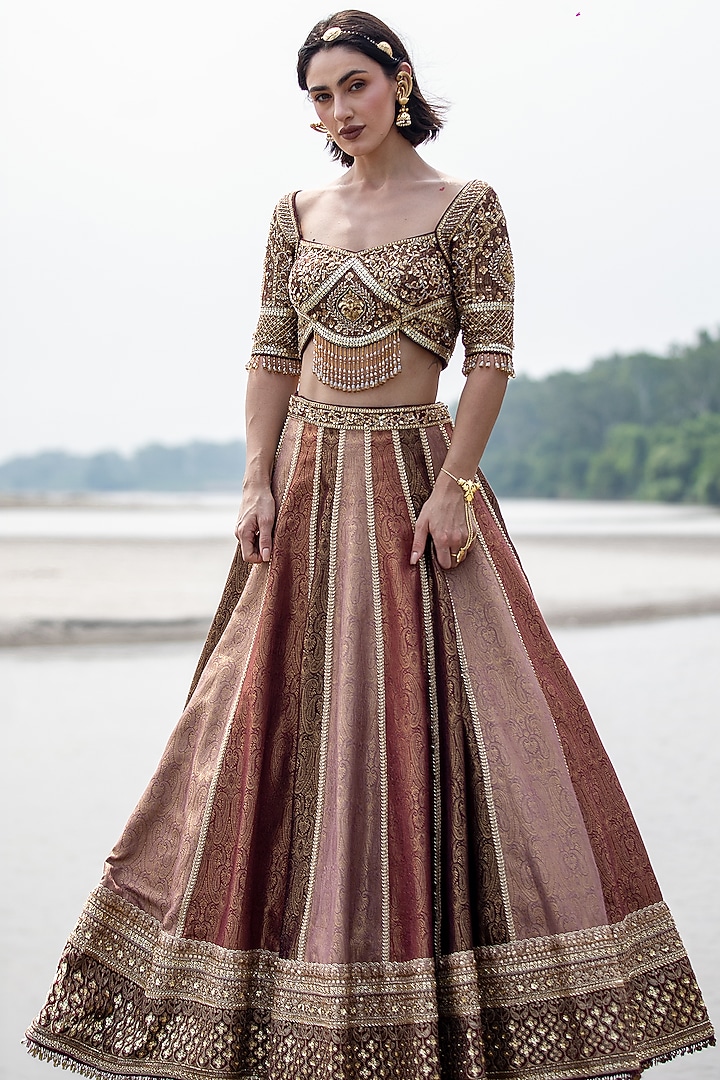 Brown & Dusty Pink Pure Brocade Sequin Embellished Bridal Lehenga Set by Rachit Khanna at Pernia's Pop Up Shop