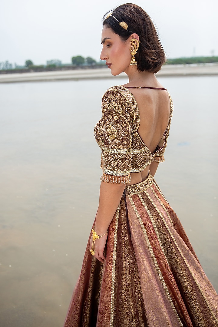 Brown & Dusty Pink Pure Brocade Sequin Embellished Bridal Lehenga Set by Rachit Khanna at Pernia's Pop Up Shop