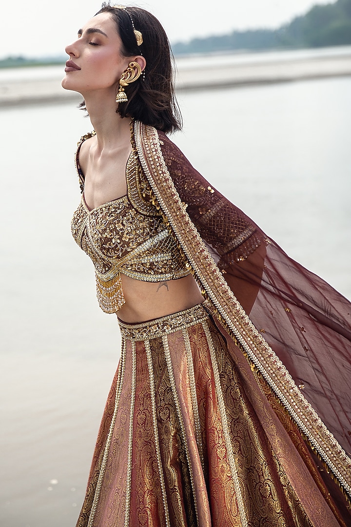 Brown & Dusty Pink Pure Brocade Sequin Embellished Bridal Lehenga Set by Rachit Khanna at Pernia's Pop Up Shop