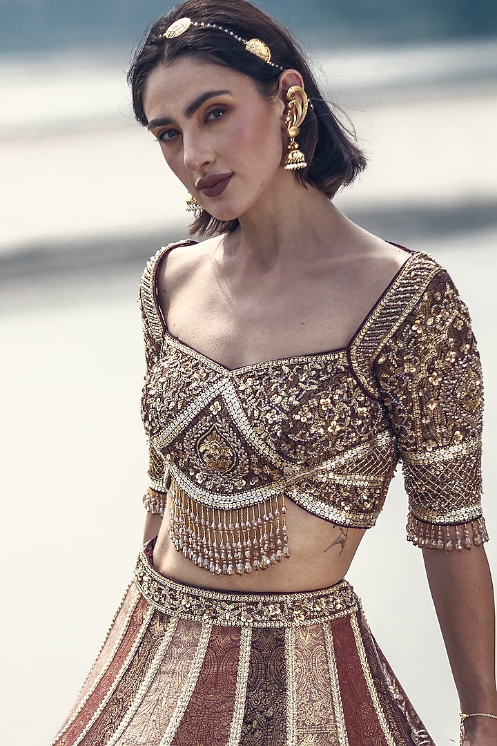 Brown & Dusty Pink Pure Brocade Sequin Embellished Bridal Lehenga Set by Rachit Khanna at Pernia's Pop Up Shop