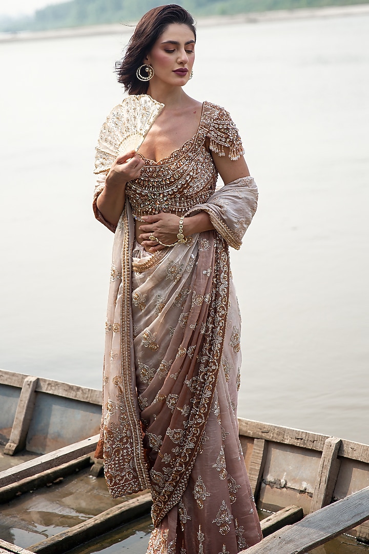 Peach Ombre Glass Tissue Sequin Embellished Draped Reception Saree Set by Rachit Khanna at Pernia's Pop Up Shop