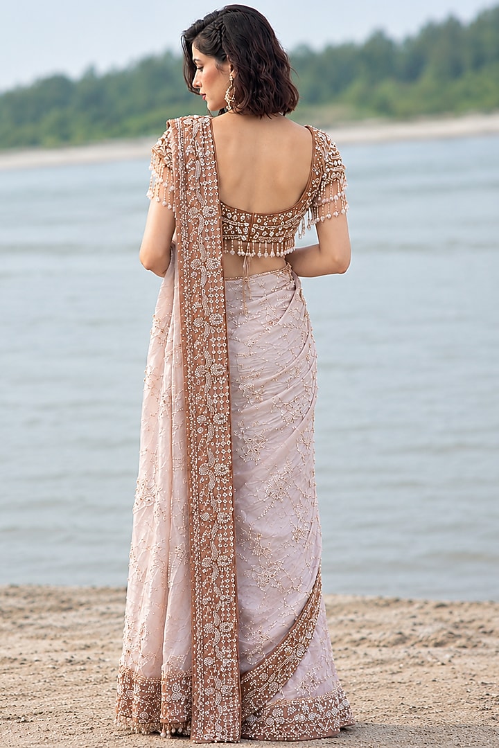 Peach Ombre Glass Tissue Sequin Embellished Draped Reception Saree Set by Rachit Khanna at Pernia's Pop Up Shop