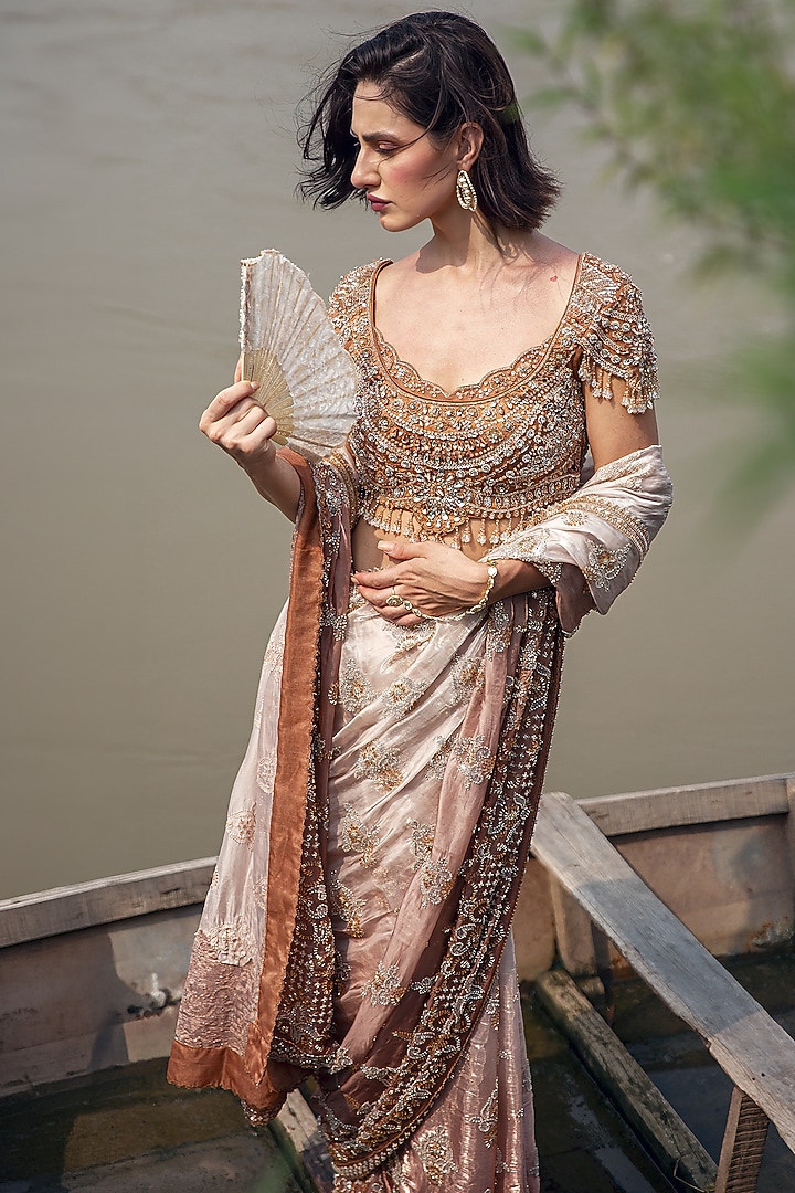 Peach Ombre Glass Tissue Sequin Embellished Draped Reception Saree Set by Rachit Khanna at Pernia's Pop Up Shop