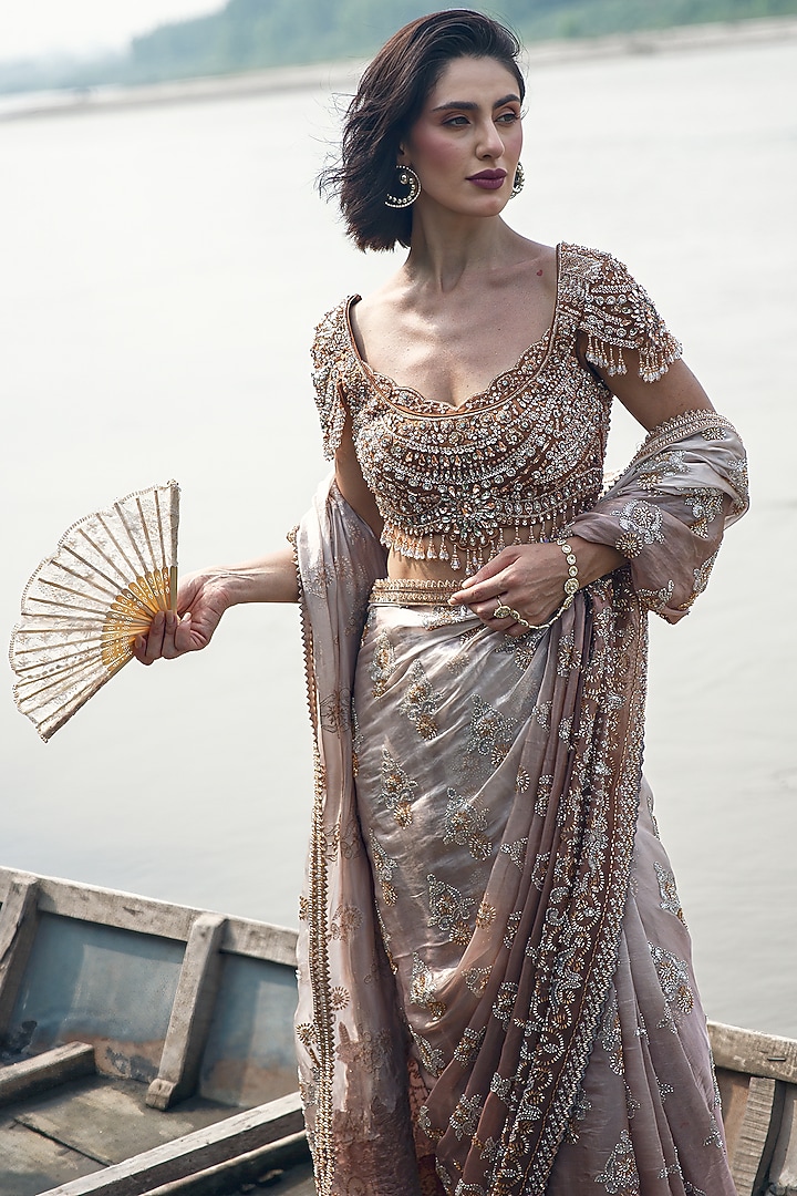 Peach Ombre Glass Tissue Sequin Embellished Draped Reception Saree Set by Rachit Khanna at Pernia's Pop Up Shop