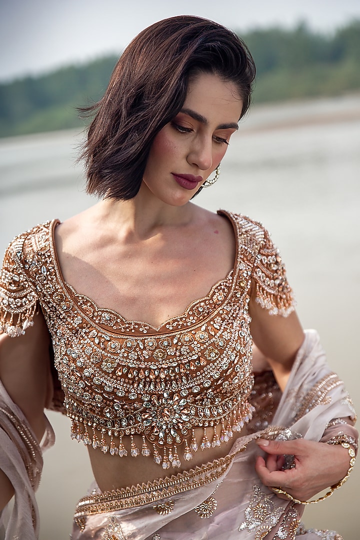 Peach Ombre Glass Tissue Sequin Embellished Draped Reception Saree Set by Rachit Khanna at Pernia's Pop Up Shop