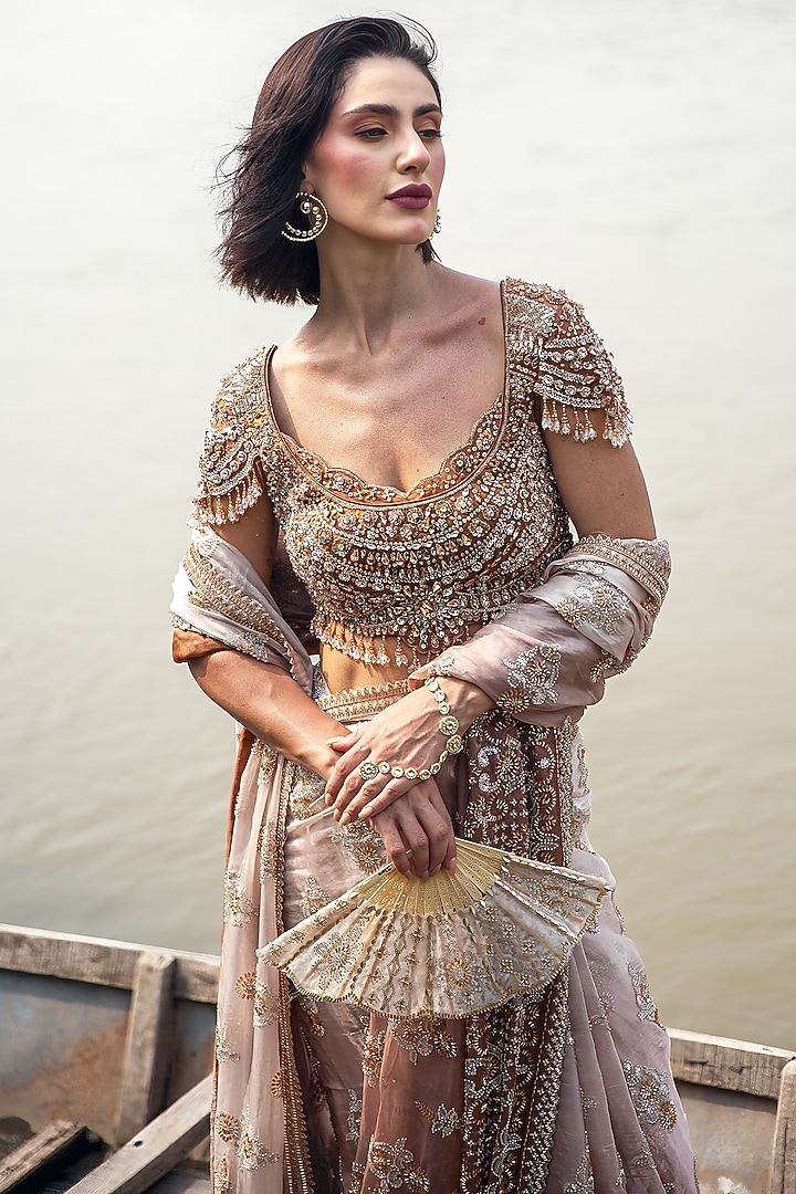 Peach Ombre Glass Tissue Sequin Embellished Draped Reception Saree Set by Rachit Khanna at Pernia's Pop Up Shop