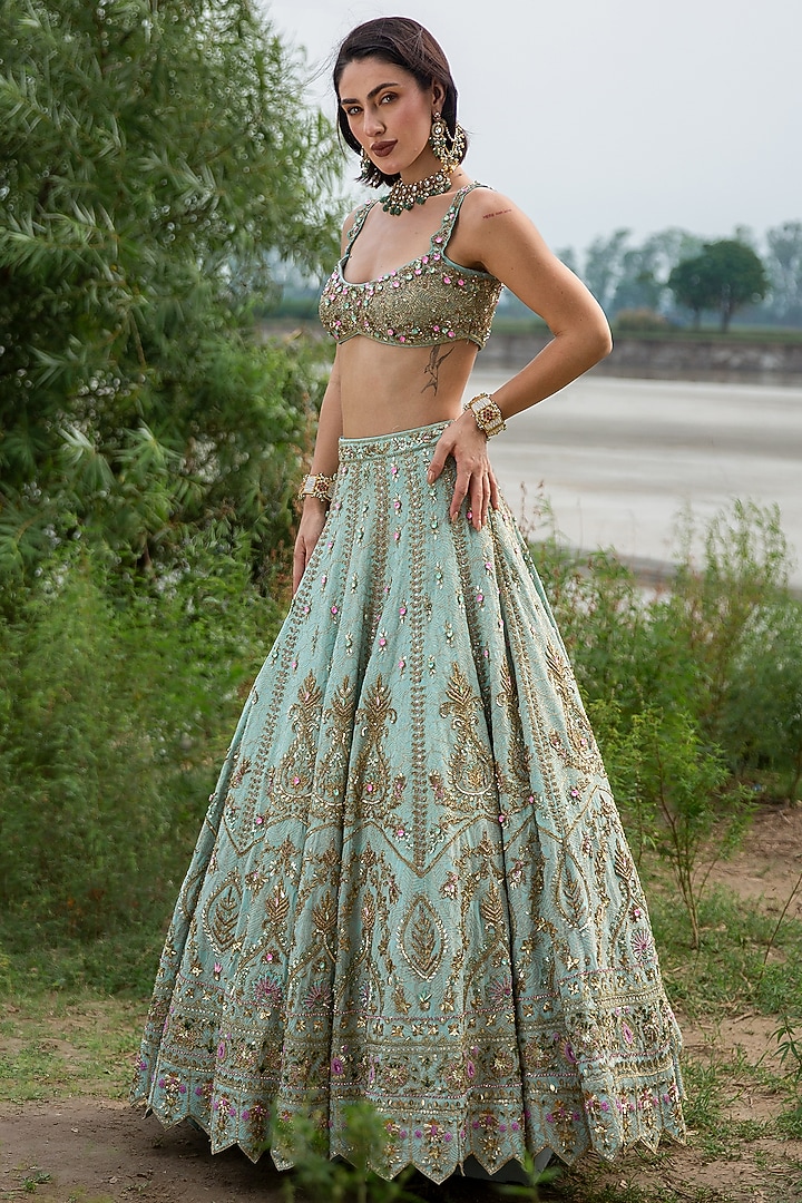 Aqua Green Zari Georgette Nakshi Embellished Bridal Lehenga Set by Rachit Khanna at Pernia's Pop Up Shop