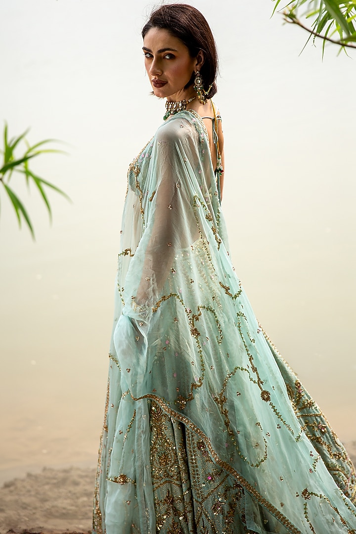 Aqua Green Zari Georgette Nakshi Embellished Bridal Lehenga Set by Rachit Khanna at Pernia's Pop Up Shop
