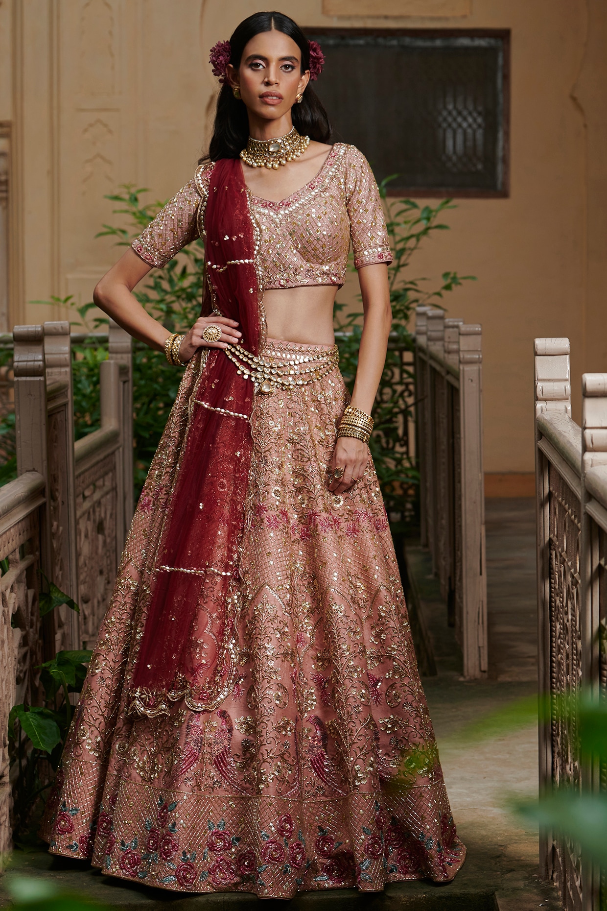 Deep Red And Gold Mughal Flared Anarkali Lehenga – Jiya by Veer Design  Studio