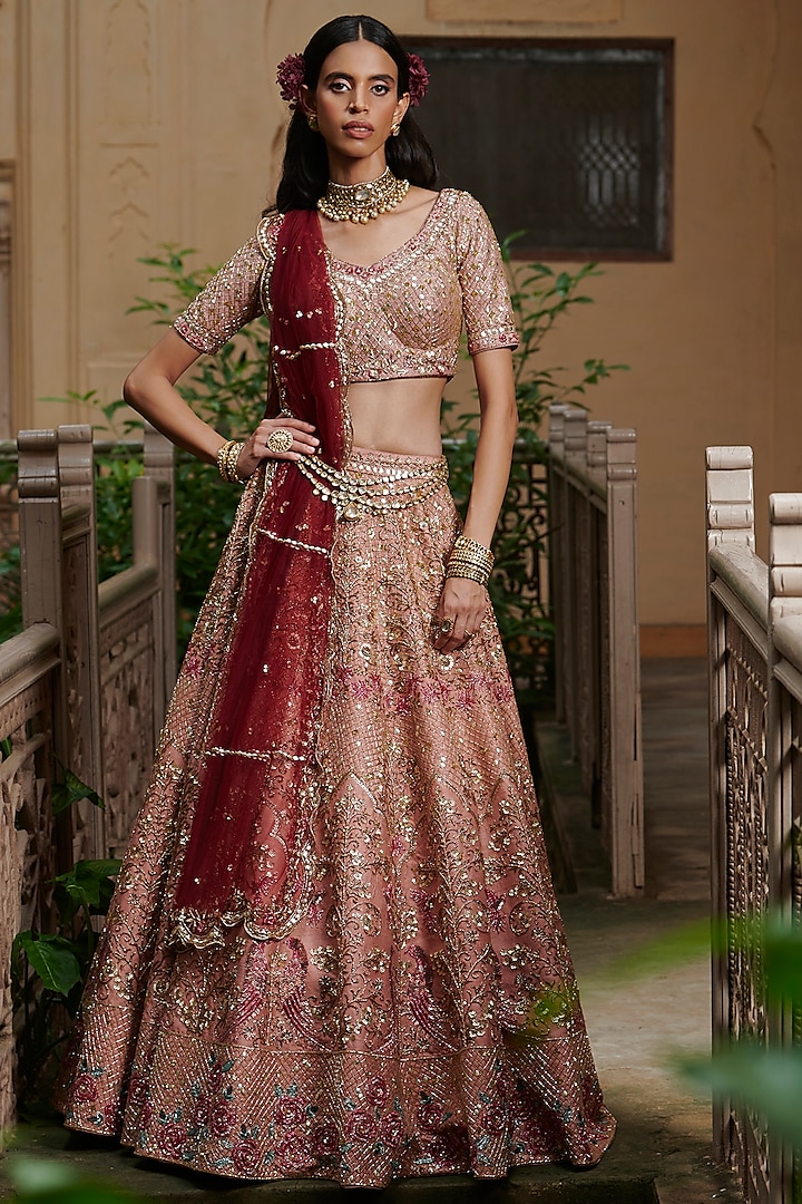 Dark Rose Gold Raw Silk Embroidered Bridal Lehenga Set by Rachit Khanna