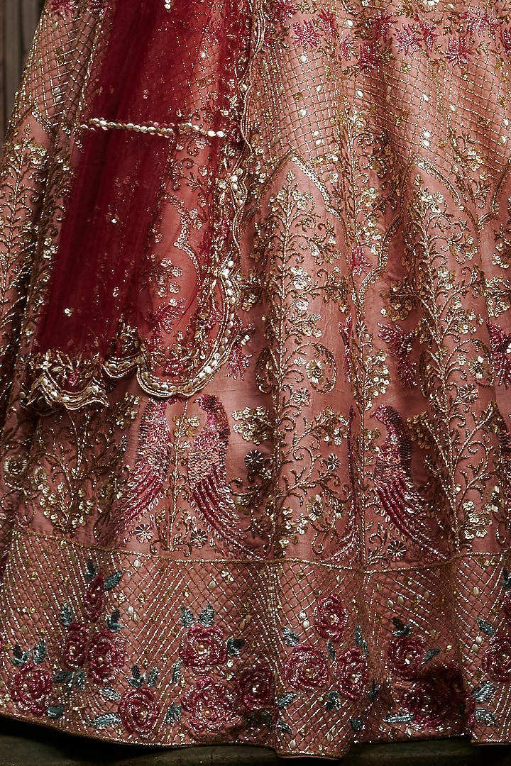 Dark Rose Gold Raw Silk Embroidered Bridal Bridal Lehenga Set by Rachit Khanna at Pernia's Pop Up Shop