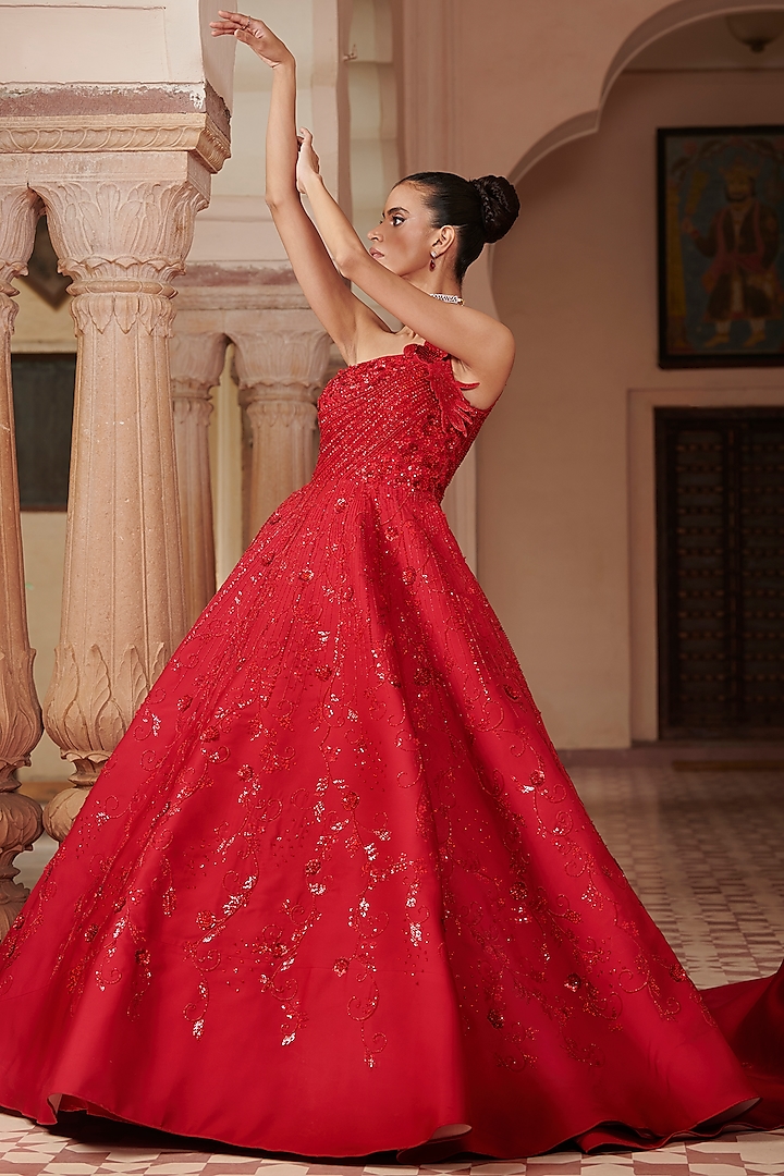Red Raw Silk Gown by Rachit Khanna