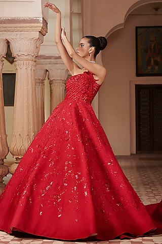 Red Raw Silk Gown by Rachit Khanna