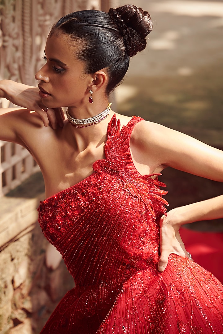 Red Raw Silk Bridal Gown by Rachit Khanna at Pernia's Pop Up Shop