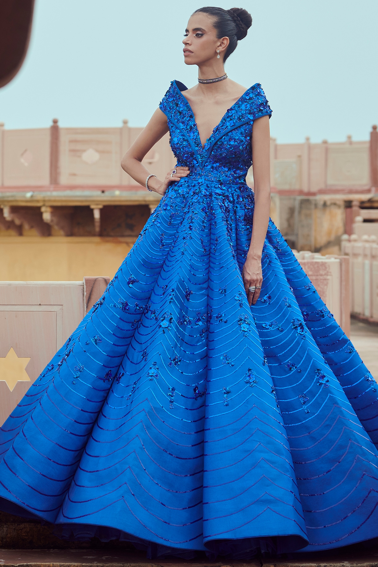 Electric Blue Slub Satin Gown by Rachit Khanna at Pernia's Pop Up